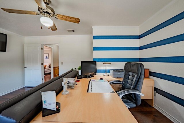 office featuring ceiling fan, crown molding, and wood-type flooring