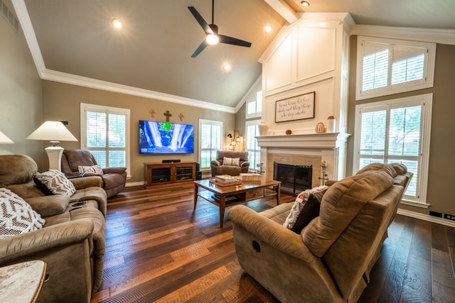 living room featuring ceiling fan, dark hardwood / wood-style floors, crown molding, and beam ceiling