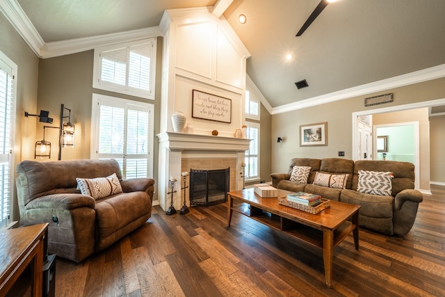 living room featuring beam ceiling, high vaulted ceiling, dark wood-type flooring, and ornamental molding