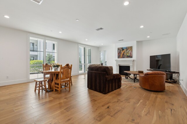 5270 Town And Country Blvd Unit 113, Frisco, TX 75034 - living room featuring light wood-type flooring, visible vents, a fireplace, and recessed lighting