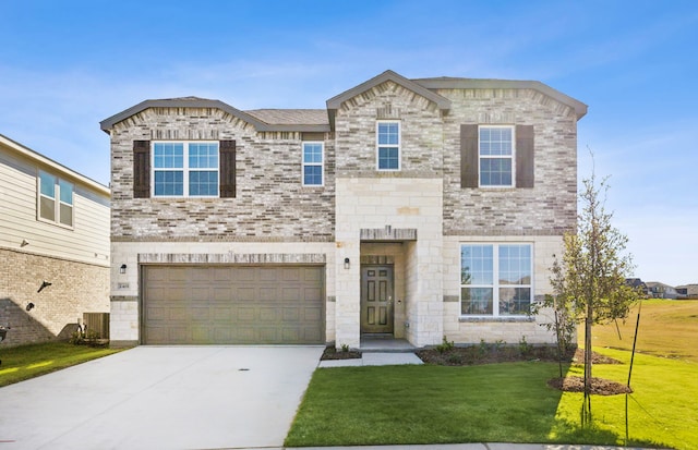 view of front of house with driveway, stone siding, central AC, a front yard, and a garage