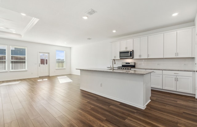 kitchen with dark hardwood / wood-style flooring, a center island with sink, white cabinets, and appliances with stainless steel finishes