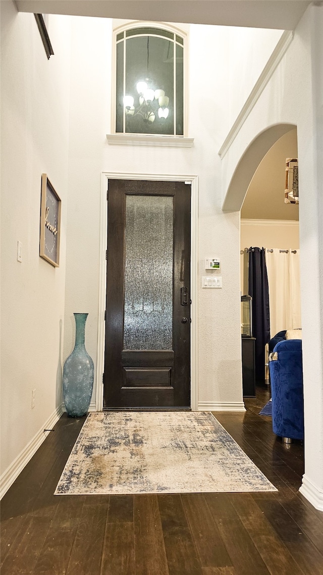 foyer with a high ceiling and dark hardwood / wood-style floors