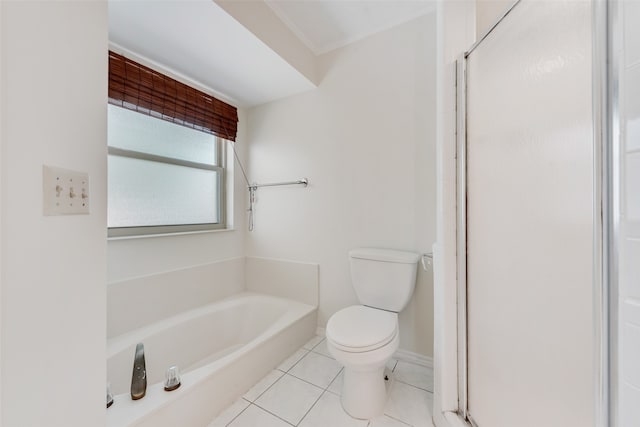 bathroom with toilet, independent shower and bath, and tile patterned floors