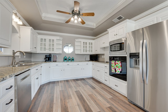 kitchen with a raised ceiling, appliances with stainless steel finishes, and white cabinets