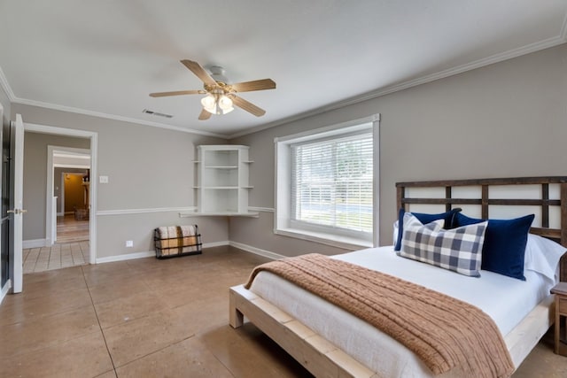 tiled bedroom with ceiling fan and crown molding