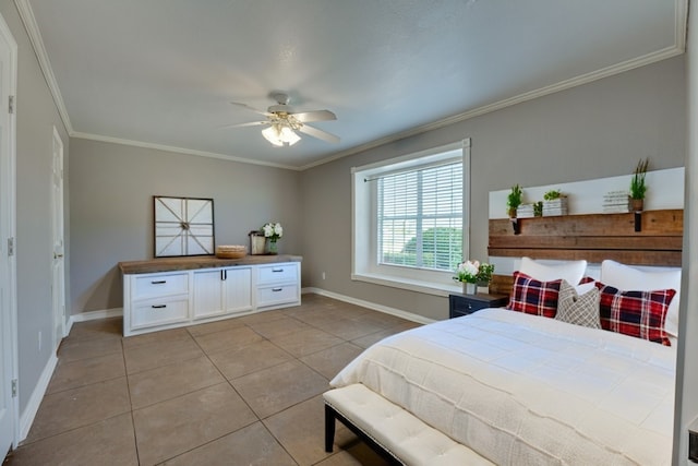 bedroom featuring crown molding, light tile patterned floors, and ceiling fan