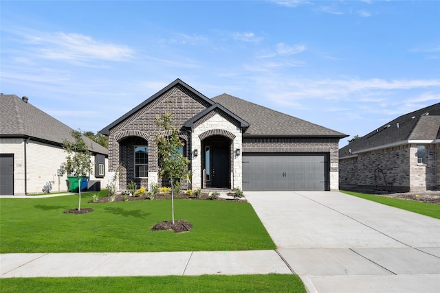 french country home featuring a front yard and a garage