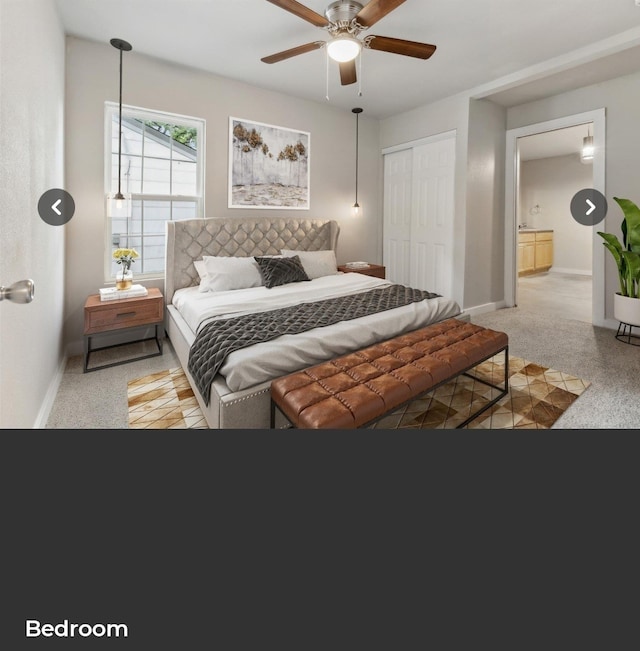 bedroom with ceiling fan, light colored carpet, and a closet