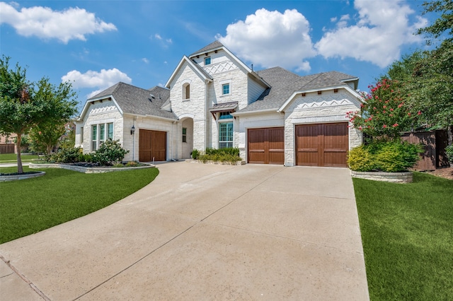 view of front of home featuring a garage and a front lawn