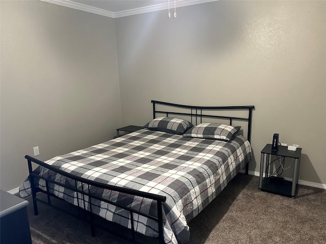 carpeted bedroom featuring ornamental molding