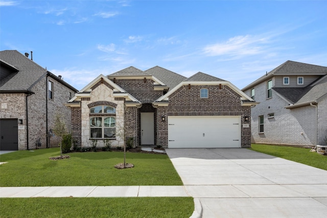 french provincial home with roof with shingles, concrete driveway, a front yard, a garage, and brick siding