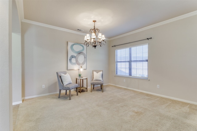 living area featuring an inviting chandelier, light colored carpet, and ornamental molding