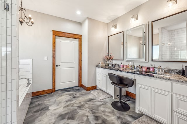 bathroom with vanity, separate shower and tub, and concrete flooring