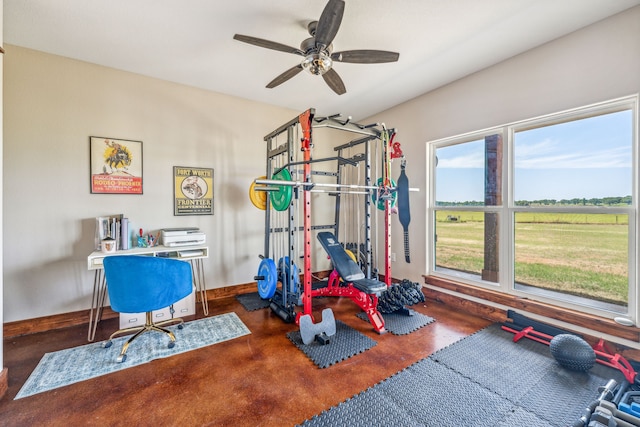 workout room with ceiling fan