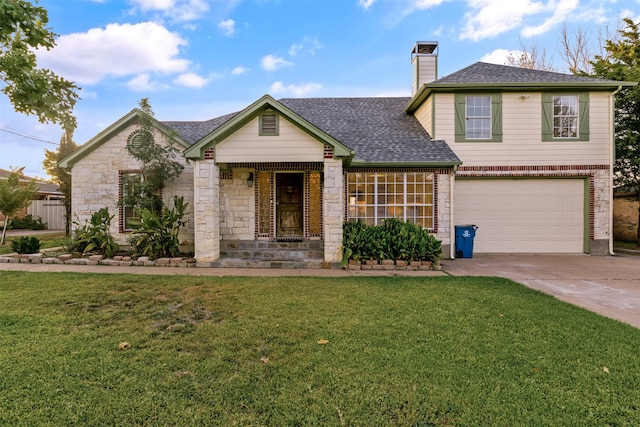 view of front facade with a garage and a front lawn