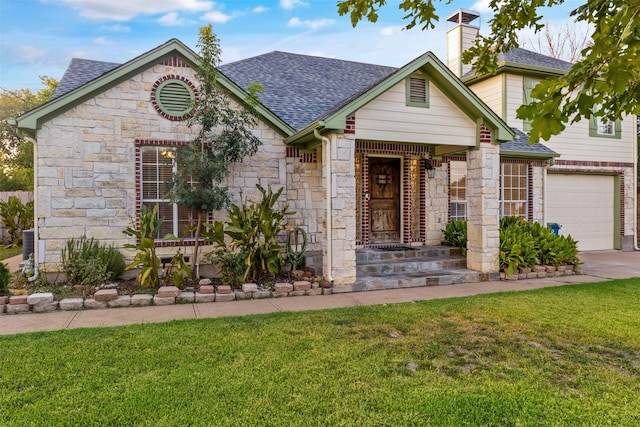 view of front facade featuring stone siding, driveway, roof with shingles, a chimney, and a front yard