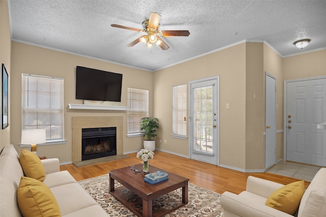 living room with light wood-type flooring, crown molding, ceiling fan, and a textured ceiling