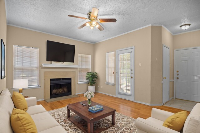 living room with light wood-type flooring, ceiling fan, and crown molding