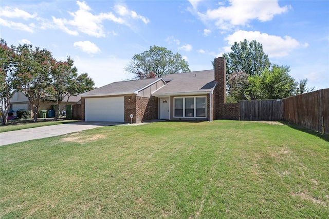 single story home with a garage and a front lawn