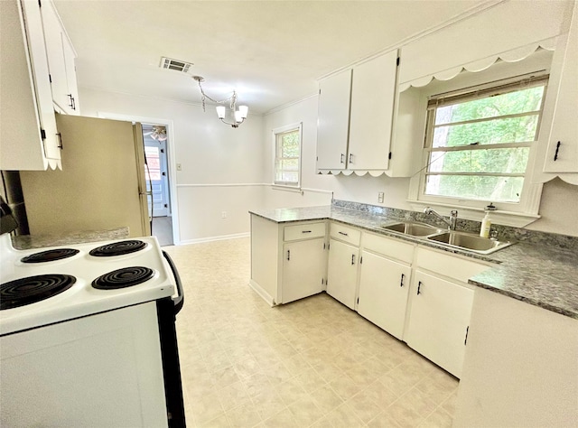 kitchen with sink, plenty of natural light, white appliances, and a chandelier