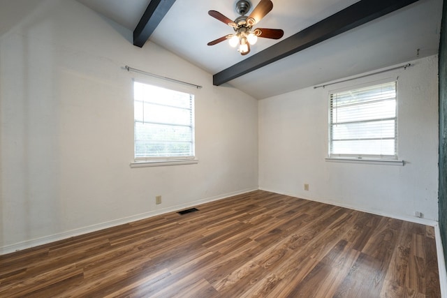 empty room with vaulted ceiling with beams, dark wood-type flooring, and ceiling fan