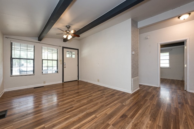 foyer entrance with vaulted ceiling with beams, ceiling fan, and dark hardwood / wood-style flooring