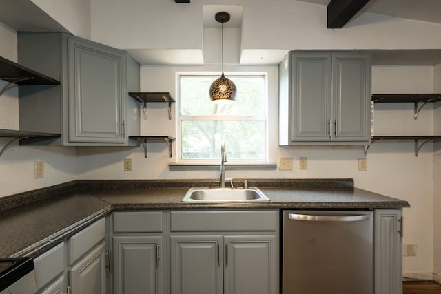 kitchen with stainless steel dishwasher, stove, sink, and gray cabinets