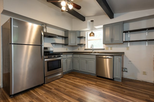 kitchen with sink, lofted ceiling with beams, dark hardwood / wood-style flooring, stainless steel appliances, and gray cabinets