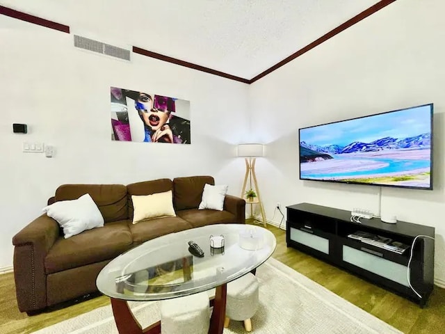 living room with crown molding and wood-type flooring