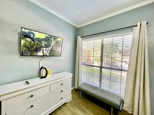 sitting room with a textured ceiling, light hardwood / wood-style floors, and crown molding