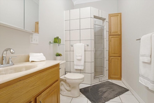 bathroom featuring walk in shower, vanity, crown molding, tile patterned flooring, and toilet