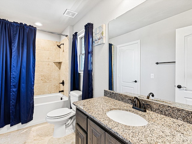 full bath with toilet, shower / tub combo, vanity, and visible vents