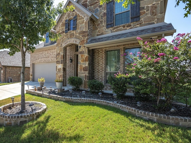 view of front facade with a front yard and a garage