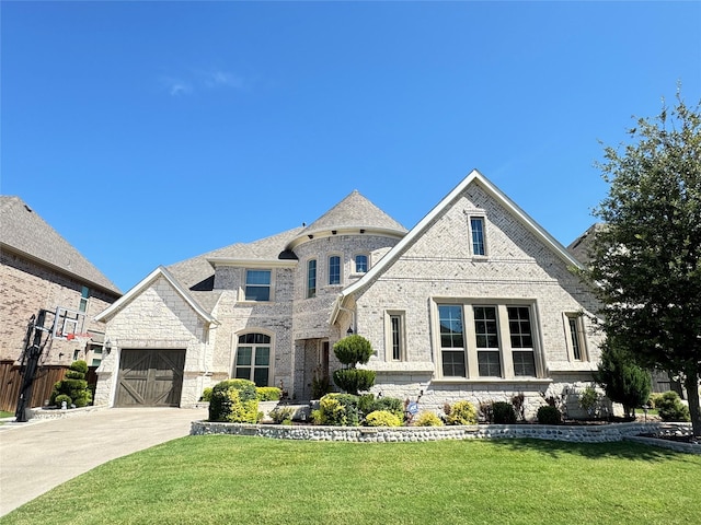 french country style house featuring brick siding, an attached garage, fence, a front yard, and driveway