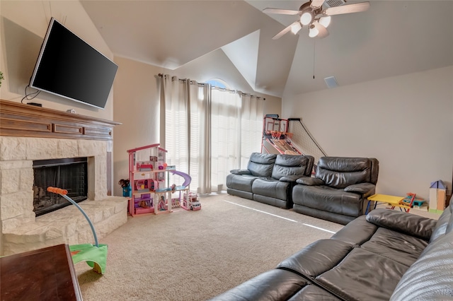 carpeted living room featuring ceiling fan, visible vents, high vaulted ceiling, and a fireplace with raised hearth