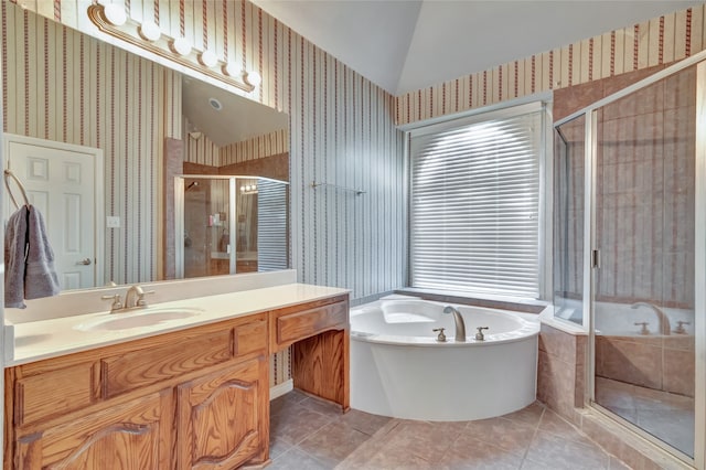 bathroom featuring wallpapered walls, a stall shower, tile patterned floors, vaulted ceiling, and a bath