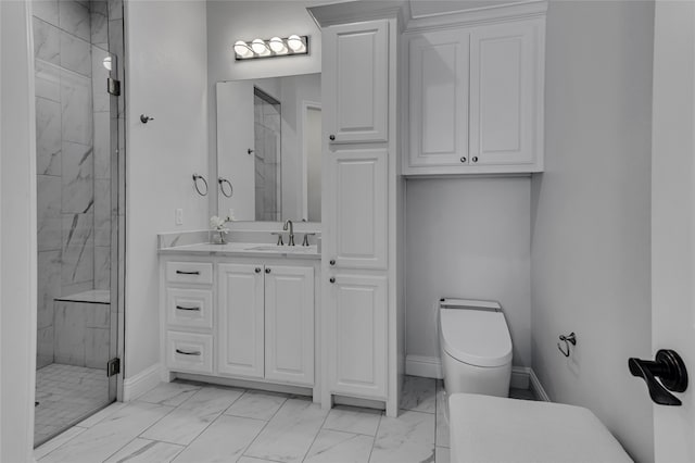 bathroom featuring toilet, an enclosed shower, tile patterned flooring, and vanity