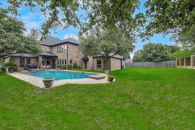 view of pool featuring a fenced in pool, a patio area, a fenced backyard, and a lawn