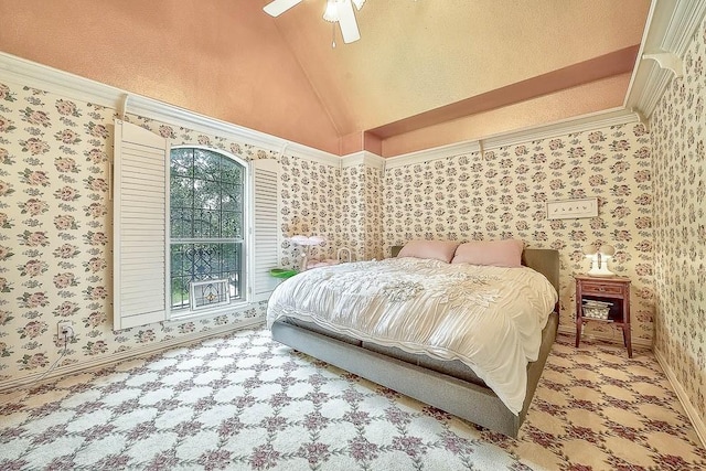 carpeted bedroom featuring lofted ceiling, ceiling fan, and wallpapered walls