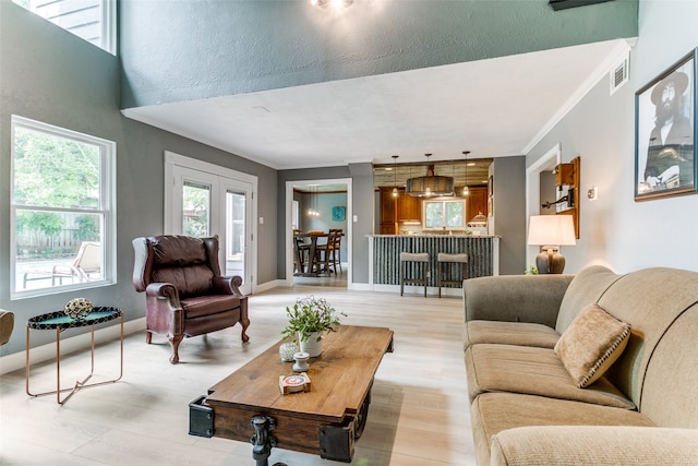 living room featuring french doors, light wood-type flooring, and crown molding