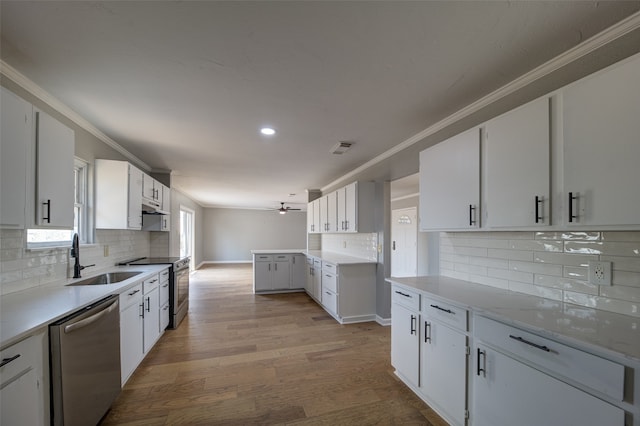 kitchen with light wood-type flooring, stainless steel appliances, decorative backsplash, and white cabinets