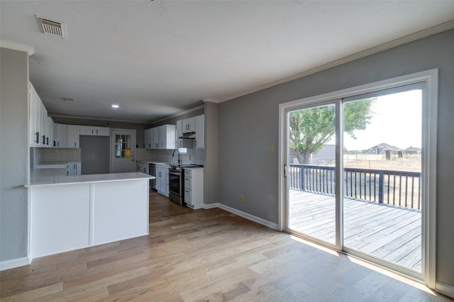 kitchen with light hardwood / wood-style floors, decorative backsplash, stainless steel electric range oven, and white cabinetry