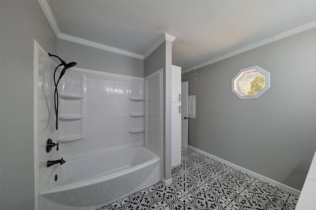 bathroom featuring bathtub / shower combination, a textured ceiling, tile patterned flooring, and ornamental molding