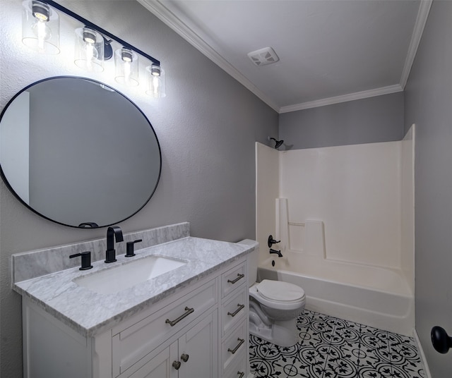 full bathroom with ornamental molding, washtub / shower combination, tile patterned flooring, vanity, and toilet