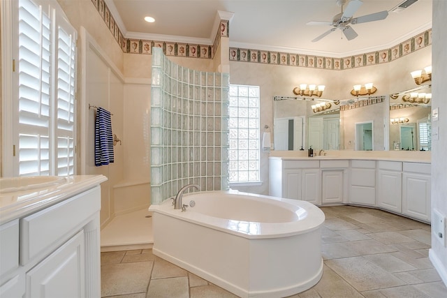 bathroom featuring shower with separate bathtub, ceiling fan, vanity, and crown molding