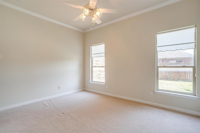 unfurnished room featuring light carpet, ceiling fan, and plenty of natural light