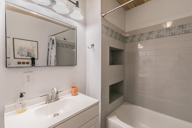 bathroom featuring shower / bath combination with curtain and vanity