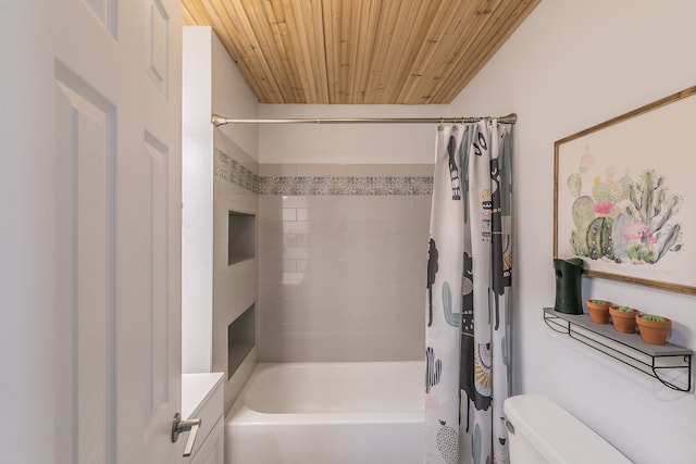 full bathroom featuring vanity, shower / tub combo, toilet, and wooden ceiling