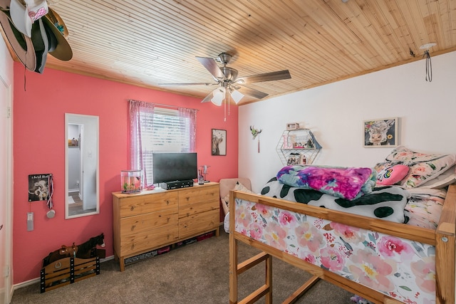 bedroom with wood ceiling, dark carpet, and ceiling fan